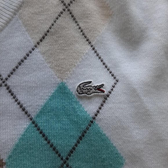 Lacoste Men's White Geometric Pattern Cotton V-Neck Sweater Size 6 -XL - Picture 4 of 10